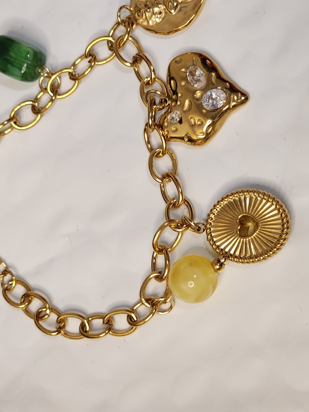 Gold Charm Bracelet with Yellow and Green Bead Accents-NWOT